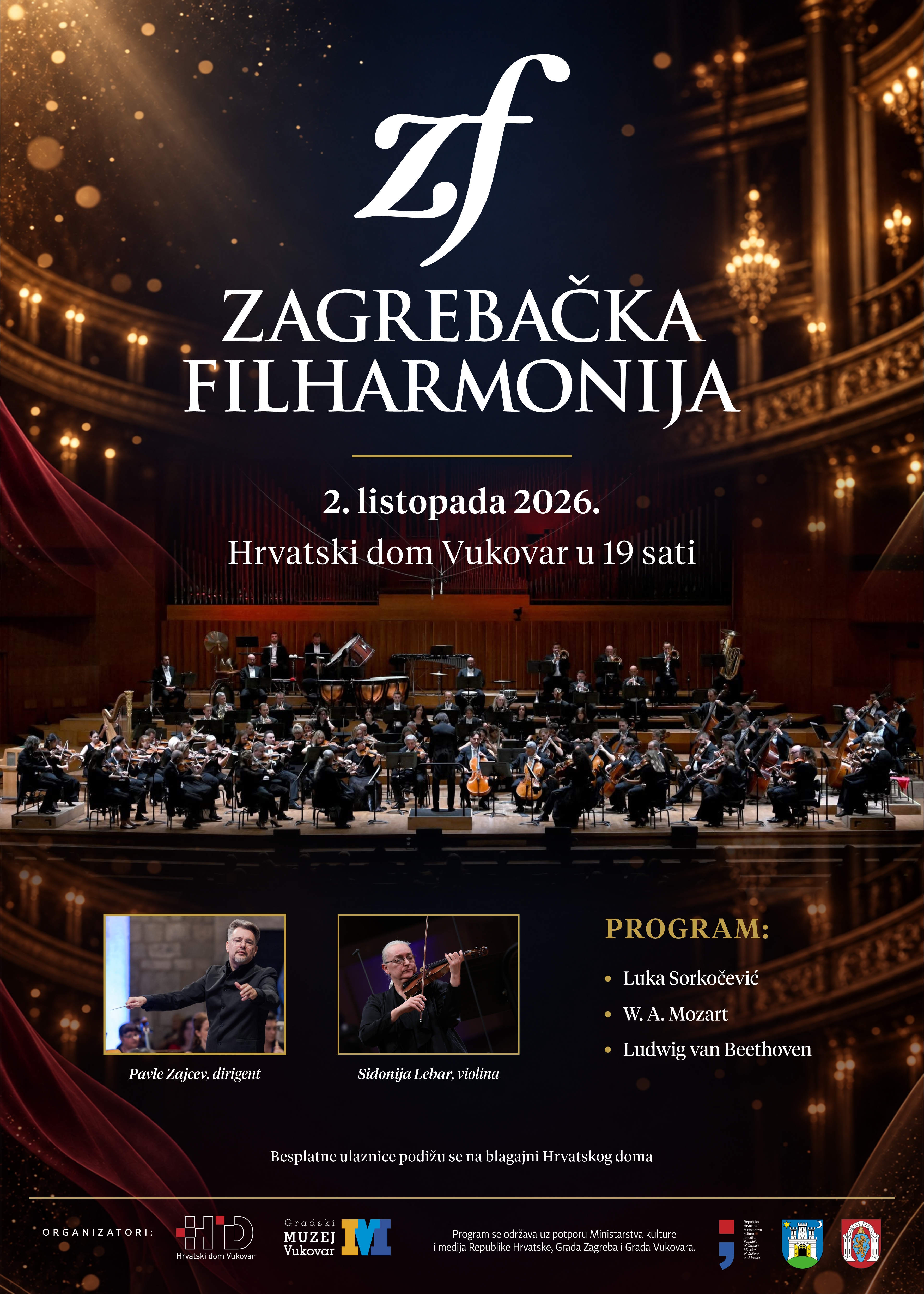 Poster for the Zagreb Philharmonic concert in Vukovar on 2 October 2026 at Hrvatski dom Vukovar, featuring an orchestra photo and programme information, conductor Pavao Zajcev and violinist Sidonija Lebar.
