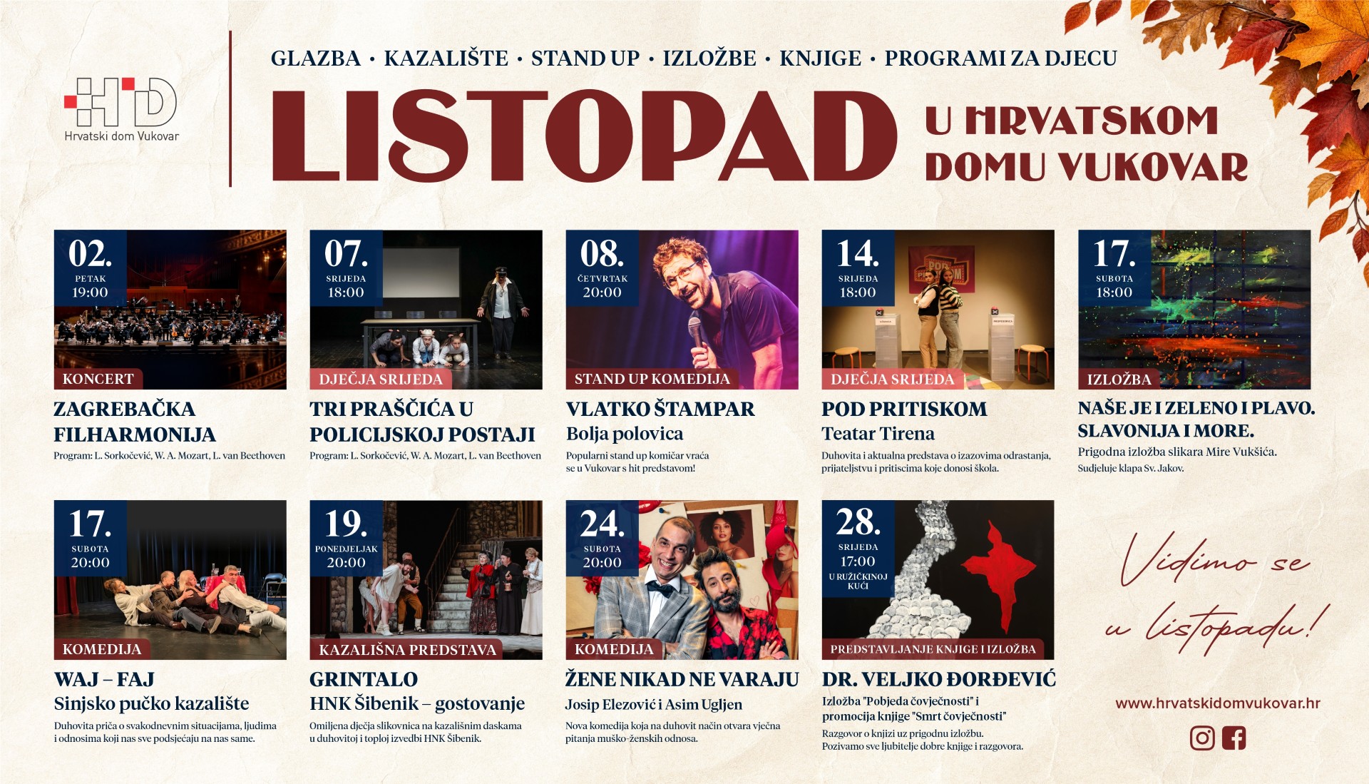 Plakat programa Hrvatskog doma Vukovar za listopad 2026. s najavama koncerata, kazališnih predstava, stand up komedije, izložbe i programa za djecu.